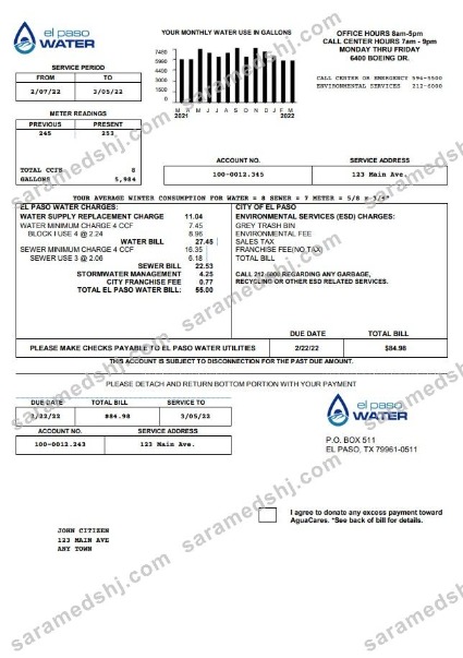 USA Texas El Paso Water utility bill template in Word and PDF format